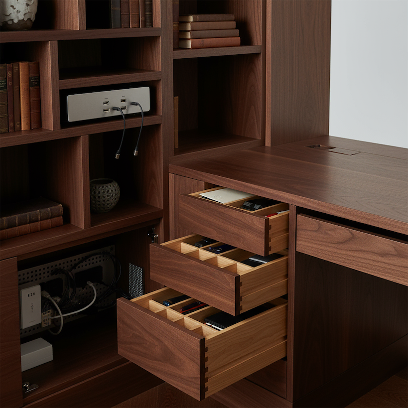 A marcenaria de alto padrão da Bassani esconde a tecnologia e organiza os itens de forma inteligente.