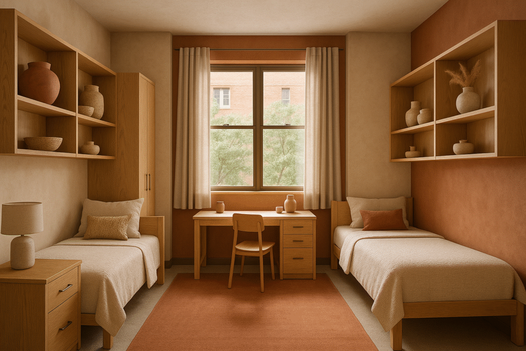 Cores quentes e materiais naturais criam um refúgio de paz e aconchego.