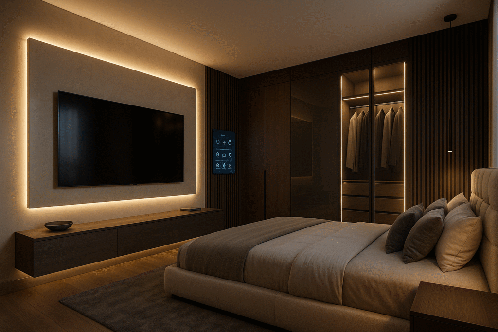 A iluminação em LED e a automação transformam o dormitório em um ambiente inteligente.