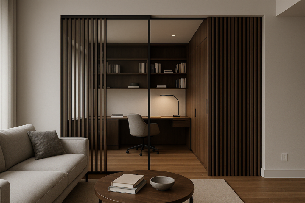 Divisórias de vidro ou painéis ripados garantem a privacidade sem perder a integração visual com o lar.